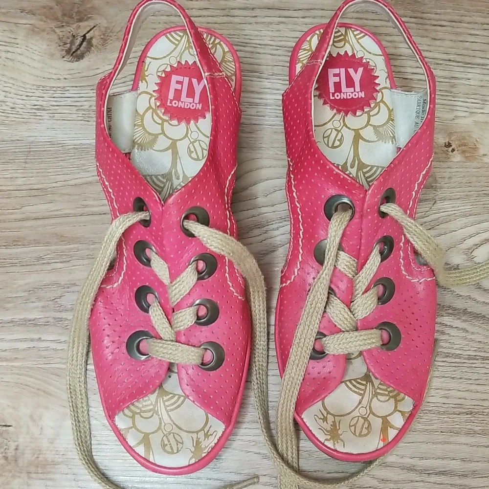 Fly London Luna Wedge Heel Red Open Toe Red Lace Up Sandals - Picture 8 of 14